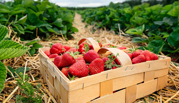 Słodkie owoce truskawek w kobiałce